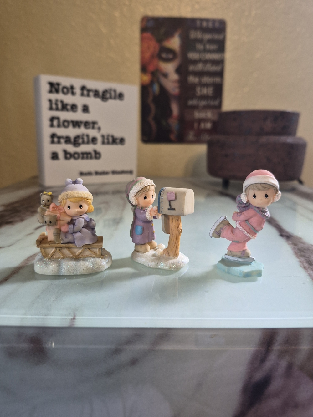 Precious Moments Pastel Pink & Lavender Winter Figurine Trio